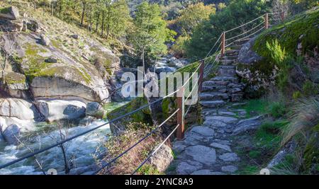 Percorso semi-scavato nella roccia che corre parallela al fiume. Riserva naturale Garganta de los Infiernos, Estremadura, Spagna Foto Stock