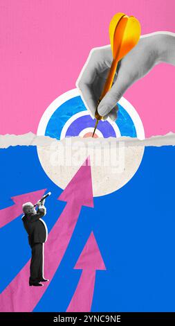 Collage d'arte contemporanea. Immagine composita con l'uomo con telescopio rivolto al punto bianco e la mano che posiziona il dardo sul bersaglio, simboleggiando l'allineamento della visione Foto Stock