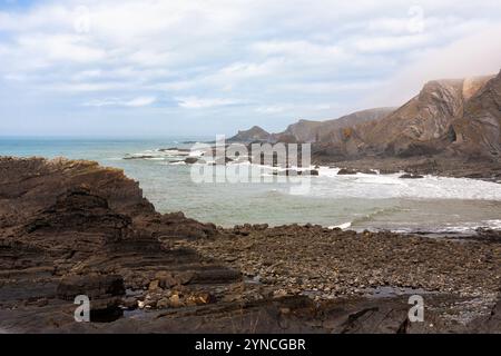 Bassa marea a Warren Beach vicino a Hartland Quay, costa del North Devon, Regno Unito Foto Stock