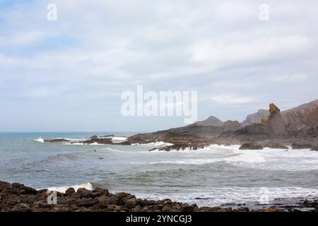 Bassa marea a Warren Beach vicino a Hartland Quay, costa del North Devon, Regno Unito Foto Stock