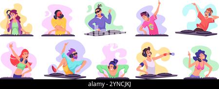 Personaggi DJ. Musicisti attivi nella festa del night club che mescolano musica sul palco, set di illustrazioni vettoriali esatte Illustrazione Vettoriale