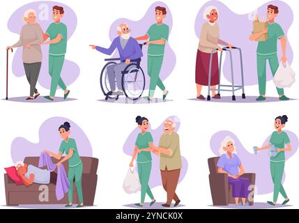 Assistenza di alto livello. Volontari che aiutano le persone anziane assistenza medica e supporto sociale personaggi vettore esatto cartoni animati senior Illustrazione Vettoriale