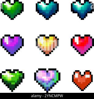 Colorato cuore pixel 8 bit retro gioco arcade vintage Love Valentines Day Set Illustrazione Vettoriale