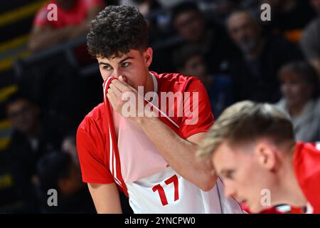 Belgrado, Serbia, 24 novembre 2024. Frederik Drejer di Danimarca reagisce durante la partita di qualificazione FIBA Eurobasket 2025 tra Serbia e Danimarca all'Aleksandar Nikolic Hall di Belgrado. 24 novembre 2024. Crediti: Nikola Krstic/Alamy Foto Stock