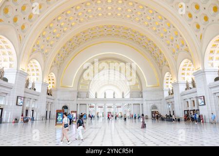 Union Station Main Hall soffitto Washington DC / WASHINGTON DC - la sala principale di Union Station presenta un soffitto decorato con volte a botte con dettagli a cassettoni ed elementi dorati. Progettata dall'architetto Daniel Burnham e completata nel 1908, la grande sala in stile Beaux-Arts funge sia da stazione ferroviaria funzionante che da principale attrazione turistica. La sala principale è stata oggetto di ampi restauri nel 1980 per preservare il suo splendore architettonico e il suo significato storico. Foto Stock