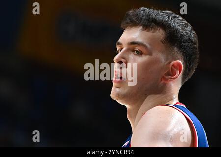 Belgrado, Serbia, 24 novembre 2024. Balsa Koprivica della Serbia reagisce durante la partita di qualificazione FIBA Eurobasket 2025 tra Serbia e Danimarca all'Aleksandar Nikolic Hall di Belgrado. 24 novembre 2024. Crediti: Nikola Krstic/Alamy Foto Stock