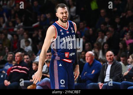 Belgrado, Serbia, 24 novembre 2024. Marko Guduric di Serbia reagisce durante la partita di qualificazione FIBA Eurobasket 2025 tra Serbia e Danimarca all'Aleksandar Nikolic Hall di Belgrado, Serbia. 24 novembre 2024. Crediti: Nikola Krstic/Alamy Foto Stock