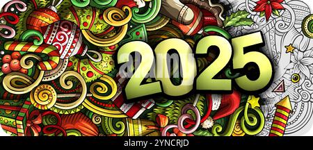 2025 scarabocchi illustrazione orizzontale. Design banner di oggetti ed elementi per il nuovo anno. Creativi cartoni animati per le vacanze invernali. Murale vettoriale colorato Illustrazione Vettoriale