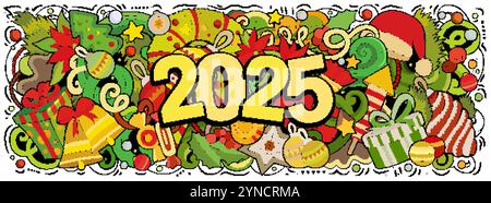 2025 scarabocchi illustrazione orizzontale. Design banner di oggetti ed elementi per il nuovo anno. Creativi cartoni animati per le vacanze invernali. Murale vettoriale colorato Illustrazione Vettoriale