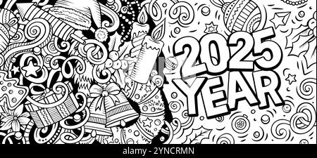 2025 scarabocchi illustrazione orizzontale. Design banner di oggetti ed elementi per il nuovo anno. Creativi cartoni animati per le vacanze invernali. Murale vettoriale colorato Illustrazione Vettoriale