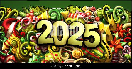 2025 scarabocchi illustrazione orizzontale. Design banner di oggetti ed elementi per il nuovo anno. Creativi cartoni animati per le vacanze invernali. Murale vettoriale colorato Illustrazione Vettoriale