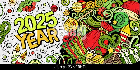 2025 scarabocchi illustrazione orizzontale. Design banner di oggetti ed elementi per il nuovo anno. Creativi cartoni animati per le vacanze invernali. Murale vettoriale colorato Illustrazione Vettoriale