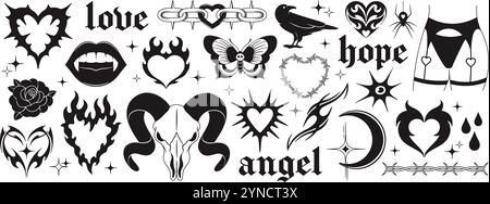 Stile tatuaggio retrò. Elementi rock, design degli adesivi psichedelici y2k. Cuori di rose in fiamme, farfalla, labbra e denti di vampiro, teschio di animali Illustrazione Vettoriale