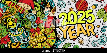 2025 scarabocchi illustrazione orizzontale. Design banner di oggetti ed elementi per il nuovo anno. Creativi cartoni animati per le vacanze invernali. Murale vettoriale colorato Illustrazione Vettoriale
