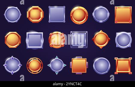 Pulsanti dei cartoni animati del gioco. Cornici tonde quadrate in acciaio, elementi dell'interfaccia utente con schermatura lucida in metallo. Distintivi o medaglie d'oro e d'argento, vettoriali medievali Illustrazione Vettoriale