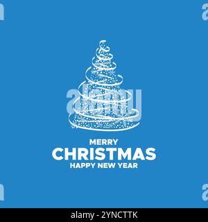 Buon Natale e felice anno nuovo. Buon Natale e felice anno nuovo alberi di Natale e neve su sfondo blu, biglietti d'auguri, Illustrazione Vettoriale