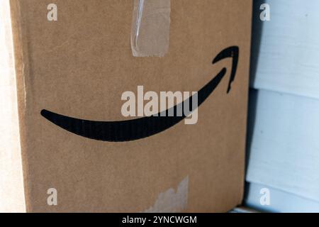 York, PA, Stati Uniti d'America - 20 novembre 2024: I pacchi Amazon sono stati consegnati a un residence dopo essere stati ordinati online. Foto Stock