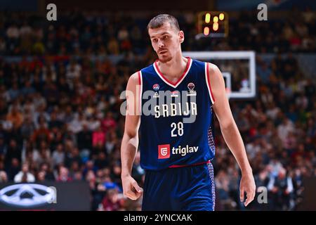 Belgrado, Serbia, 24 novembre 2024. Borisa Simanic di Serbia reagisce durante la partita di qualificazione FIBA Eurobasket 2025 tra Serbia e Danimarca all'Aleksandar Nikolic Hall di Belgrado, Serbia. 24 novembre 2024. Crediti: Nikola Krstic/Alamy Foto Stock