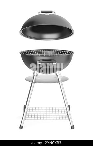 Barbecue del bollitore nero con coperchio su sfondo bianco Foto Stock