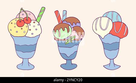 Collezione di gelati Doodle. Stile infantile disegnato a mano di dolci carini Illustrazione Vettoriale
