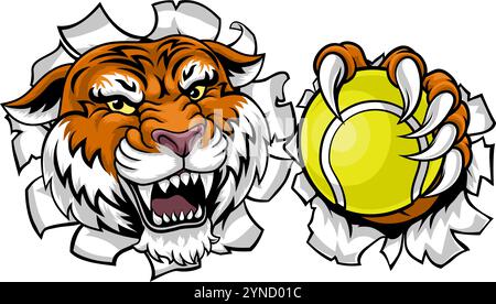 Tiger Tennis Ball Animal Sports Team Mascot Illustrazione Vettoriale