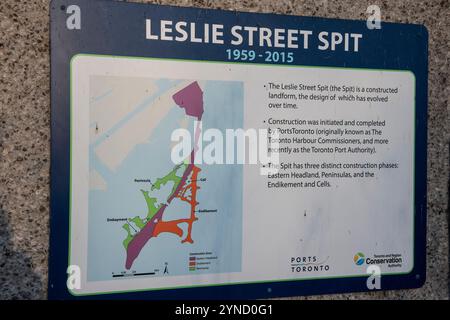 Cartello di Leslie Street Spit al Tommy Thompson Park a Scarborough, Toronto, Ontario, Canada Foto Stock
