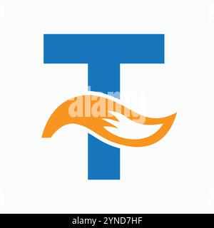 Lettera iniziale T Fox Logo Design Concept con Fox Tail Symbol Illustrazione Vettoriale
