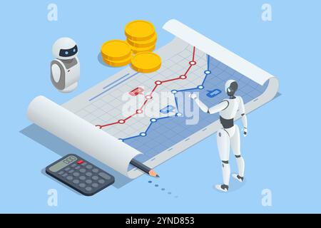 Isometric un robot basato sull'intelligenza artificiale elabora in modo efficiente i dati per l'analisi aziendale. Analizza le tendenze, genera informazioni e ottimizza il processo decisionale Illustrazione Vettoriale