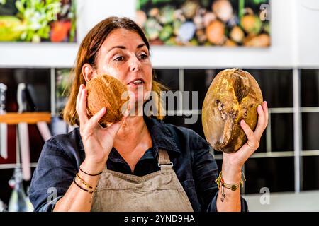 Laboratorio di cucina caraibica con lo chef Helmi Smeulders. Noci di cocco in vari stati di maturazione. Djonora Marthaweg, Kòrsou, Curacao, Curacao Foto Stock