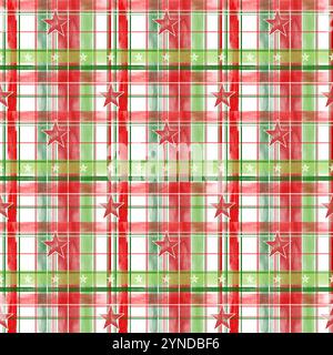 Tartan con stelle rosse, verdi e bianche con texture ad acquerello. Motivo a quadri tartan per decorazioni natalizie. Illustrazione Vettoriale