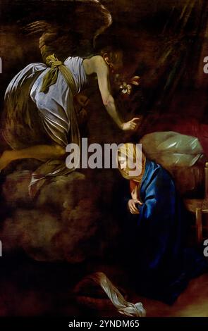 Annunciazione 1607 di Michelangelo Merisi da Caravaggio , Caravaggio 1573 – 1610 Porto Ercole Italian, Italy, fine Art Museum France. ( Annunciazione , rappresenta la storia biblica in cui, Arcangelo Gabriele, annuncia alla Vergine Maria che è stata scelta per essere la madre di Gesù, nascita di Cristo, ) Foto Stock