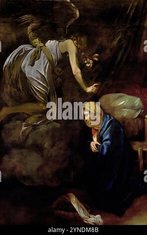 Annunciazione 1607 di Michelangelo Merisi da Caravaggio , Caravaggio 1573 – 1610 Porto Ercole Italian, Italy, fine Art Museum France. ( Annunciazione , rappresenta la storia biblica in cui, Arcangelo Gabriele, annuncia alla Vergine Maria che è stata scelta per essere la madre di Gesù, nascita di Cristo, ) Foto Stock