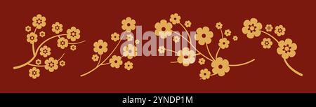 Fiori Sakura su rami ornamenti cinesi collezione di icone glifi. Motivi floreali della cultura asiatica tradizionale, oggetti su sfondo rosso Illustrazione Vettoriale