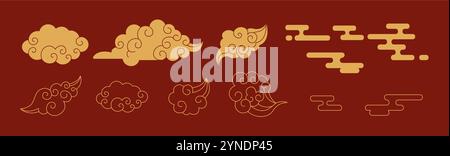 Ornamenti in stile cinese, icone di glifo lineare su sfondo rosso. Nuvole decorative e cartelli avvolgenti creano oggetti Illustrazione Vettoriale