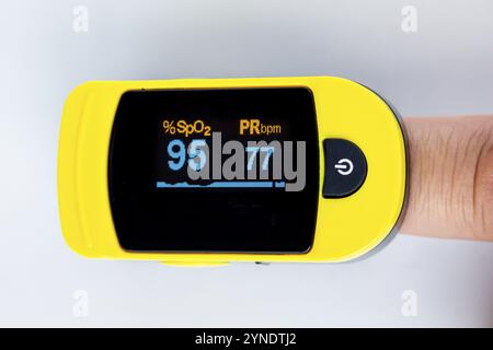Primo piano del dito di una persona che utilizza un metodo non invasivo di pulsossimetria per il monitoraggio della saturazione di ossigeno delle persone Foto Stock