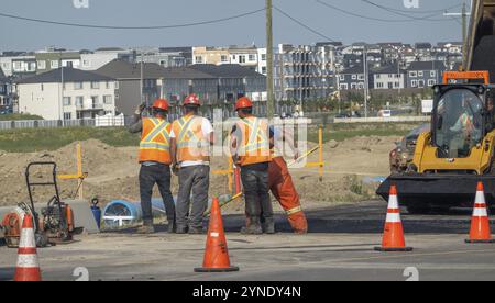 Calgary, Alberta, Canada. 21 luglio 2024. Quattro operai edili in giubbotti di sicurezza e caschi si trovano in un sito per discutere dei loro piani di pavimentazione stradale, con Foto Stock