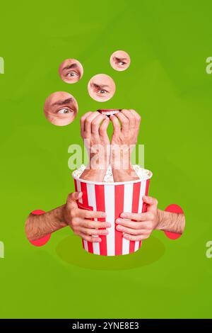 Collage fotografico verticale di parti dell'uomo spaventato elemento mani di morso dita thriller cinema tenere il secchio popcorn isolato su sfondo dipinto Foto Stock