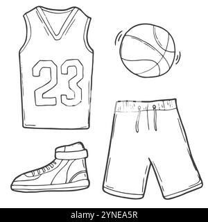 Divisa da basket Doodle. Maglia da basket, pantaloncini e scarpe sportive. Illustrazione Vettoriale