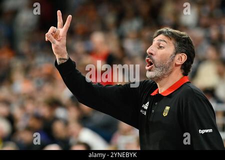 Heidelberg, Germania. 25 novembre 2024. Pallacanestro: Qualificazioni al Campionato europeo, Germania - Svezia, 4° turno, gruppo D, 4° allenatore nazionale Álex Mumbrú gesti. Credito: Uwe Anspach/dpa/Alamy Live News Foto Stock