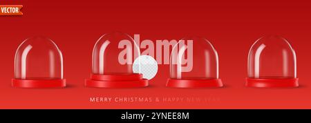 Globi da neve in vetro 3d realistici con podio vuoto isolato su sfondo rosso. Illustrazione vettoriale Illustrazione Vettoriale