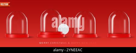 Globi da neve in vetro 3d realistici con podio vuoto isolato su sfondo rosso. Illustrazione vettoriale Illustrazione Vettoriale