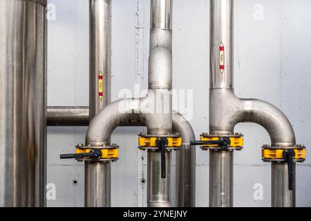 Rohrleitungen, einer Biogasanlage, erzeugt wird das gas aus verschiedener Biomasse, der Strom wird in Blockheizkraftwerken, mit dem erzeugten Biogas hergestellt und an Unternehmen im benachbarten Gewerbegebiet verkauft, die entstandene Wärme wird in ein ein ein ein Nahwärmenetz eingespeogespeogist, Ense, NRW, Deutaslage, NRW * un impianto di biogas, il gas è prodotto da varie biomasse, l'elettricità è prodotta in centrali elettriche e di calore combinate con il biogas prodotto e venduto alle imprese della vicina zona industriale, il calore generato viene immesso in una rete di riscaldamento locale, Ense, Foto Stock