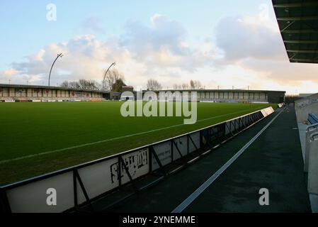 Vista del campo, presso l'AFC Fylde Football Club, Mill Farm, Wesham, Preston, Lancashire, Regno Unito, Europa Foto Stock