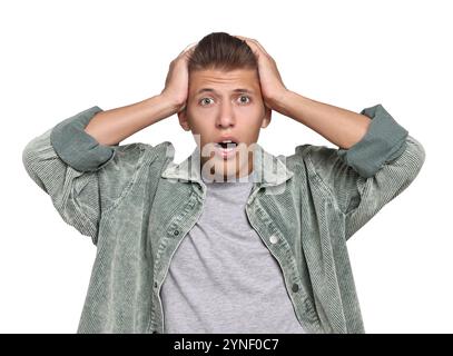 Studente emotivo che ha stress prima dell'esame su sfondo bianco Foto Stock