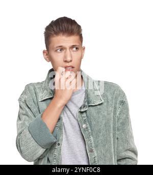 Studente emotivo che ha stress prima dell'esame su sfondo bianco Foto Stock