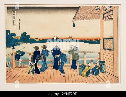 Fuji dalla sala Sazai al Tempio dei Cinquecento Rakan di Katsushika Hokusai. Una stampa su legno giapponese alla Legion of Honor di San Fran, CA. Foto Stock