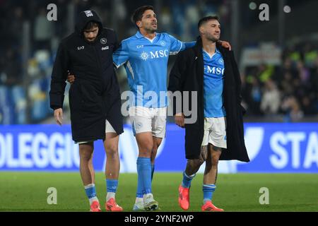 Napoli, Italia. 24 novembre 2024. Khvicha Kvaratskhelia della SSC Napoli e Matteo Politano della SSC Napoli e Giovanni Simeone della SSC Napoli durante la partita di serie A Enelive tra SSC Napoli vs AS Roma allo stadio Diego Armando Maradona il 24 novembre 2024 a Naplese, italia (Credit Image: © Agostino Gemit/Pacific Press via ZUMA Press Wire) SOLO USO EDITORIALE! Non per USO commerciale! Foto Stock