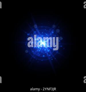 Effetto luminoso blu magico, scintillante stella colorata con scintille scintillanti e fasci radiosi. Illustrazione Vettoriale