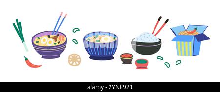 Cucina asiatica, piatti tradizionali giapponesi e cinesi. Spaghetti, ramen, lievito e salse. Illustrazione vettoriale disegnata a mano. Illustrazione Vettoriale