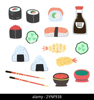 Cibo asiatico, sushi, onigiri, tempura e salse. Illustrazione vettoriale colorata disegnata a mano. Illustrazione Vettoriale